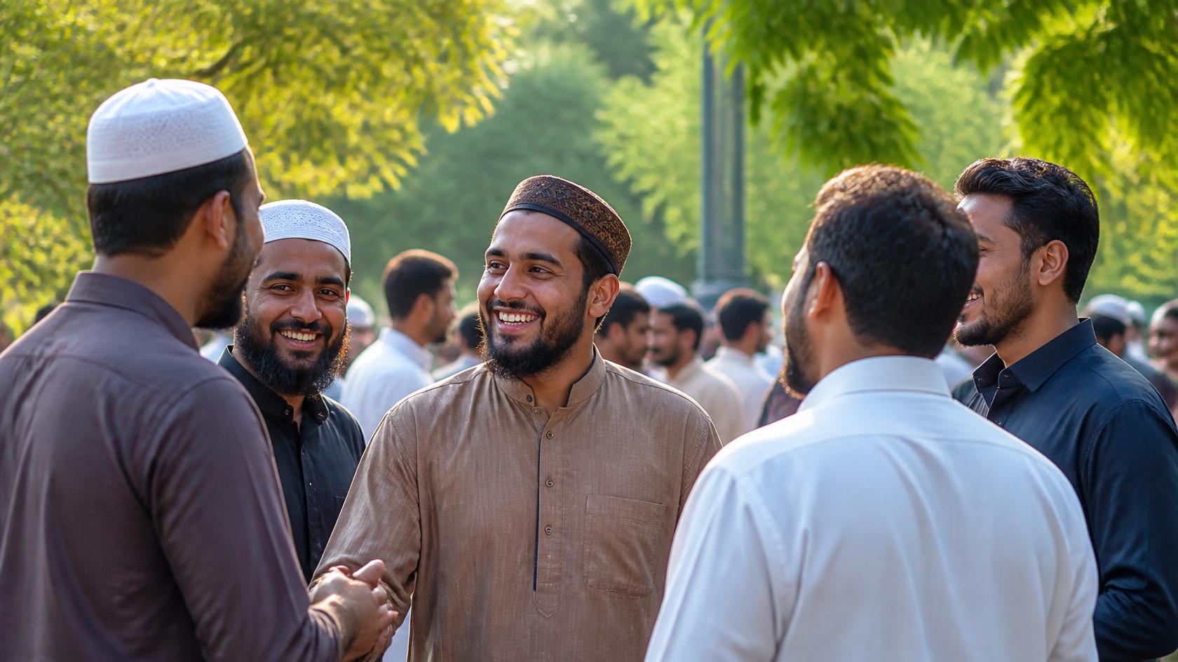 A group of Muslims talking and laughing together outdoors